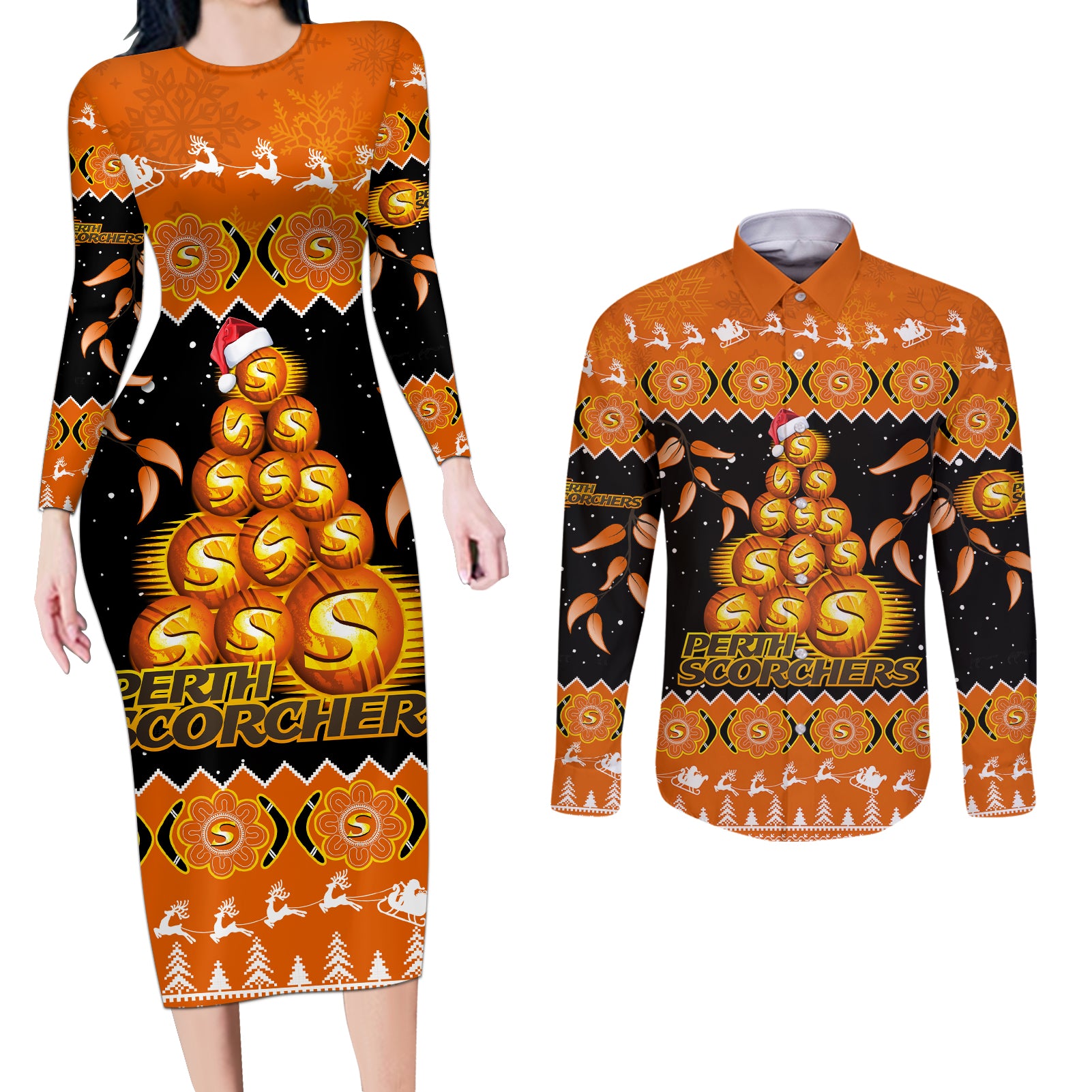 perth-scorchers-cricket-christmas-couples-matching-long-sleeve-bodycon-dress-and-long-sleeve-button-shirt-merry-xmas-2023-indigenous-art