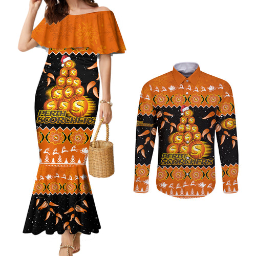 perth-scorchers-cricket-christmas-couples-matching-mermaid-dress-and-long-sleeve-button-shirt-merry-xmas-2023-indigenous-art