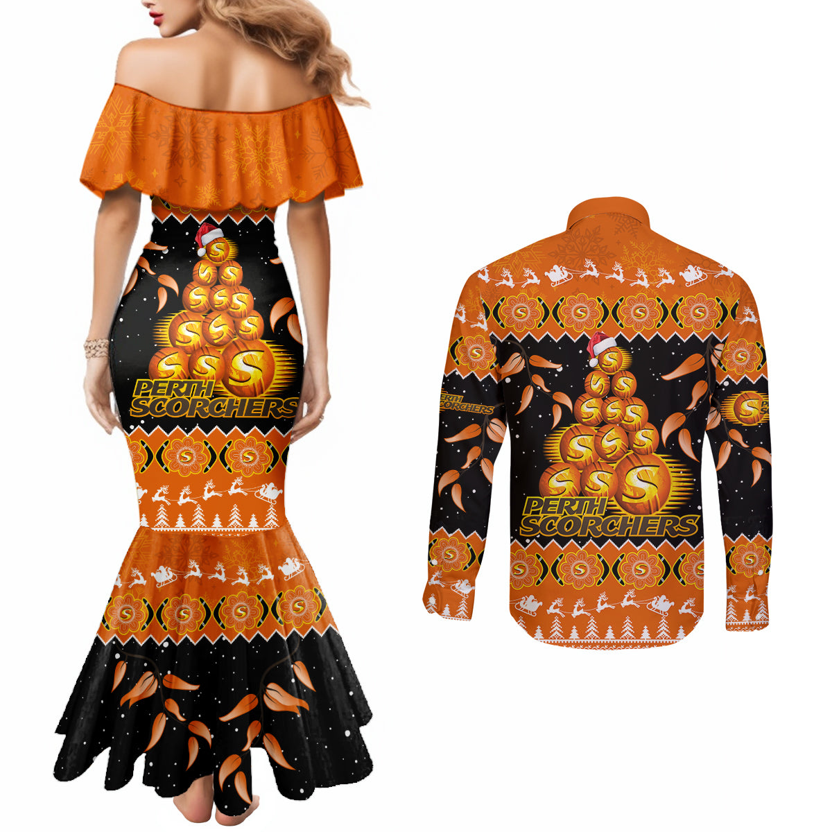 perth-scorchers-cricket-christmas-couples-matching-mermaid-dress-and-long-sleeve-button-shirt-merry-xmas-2023-indigenous-art