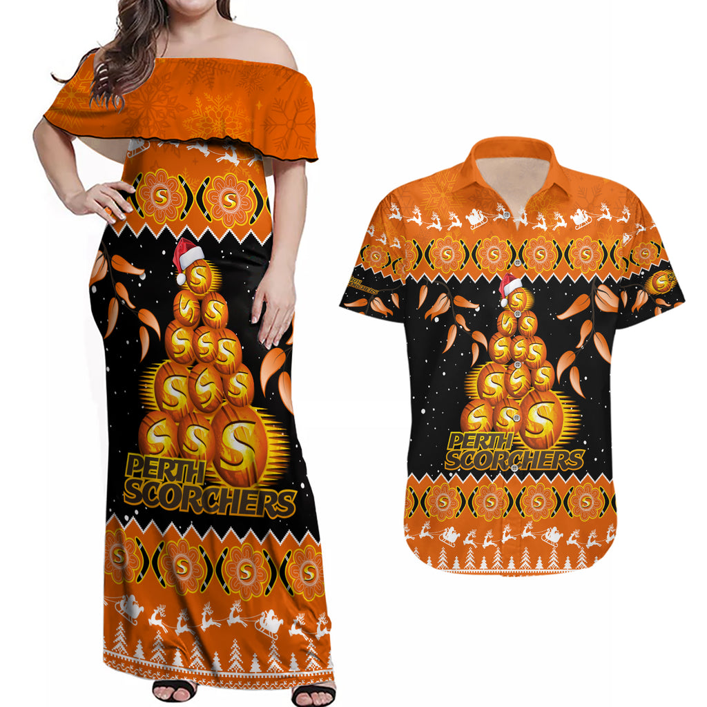 perth-scorchers-cricket-christmas-couples-matching-off-shoulder-maxi-dress-and-hawaiian-shirt-merry-xmas-2023-indigenous-art