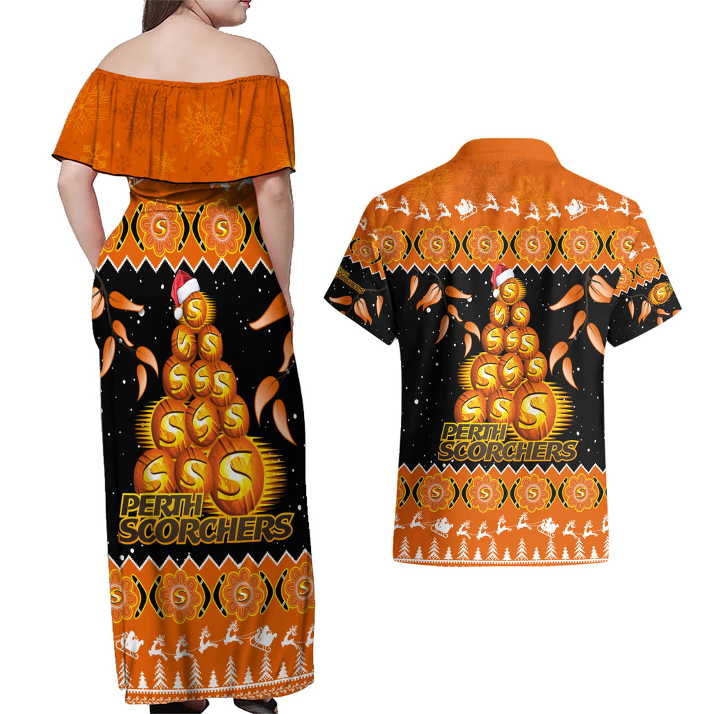 perth-scorchers-cricket-christmas-couples-matching-off-shoulder-maxi-dress-and-hawaiian-shirt-merry-xmas-2023-indigenous-art