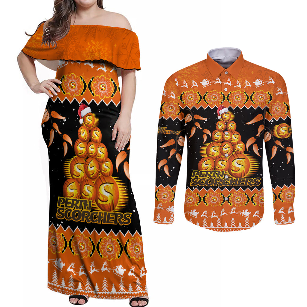 perth-scorchers-cricket-christmas-couples-matching-off-shoulder-maxi-dress-and-long-sleeve-button-shirt-merry-xmas-2023-indigenous-art