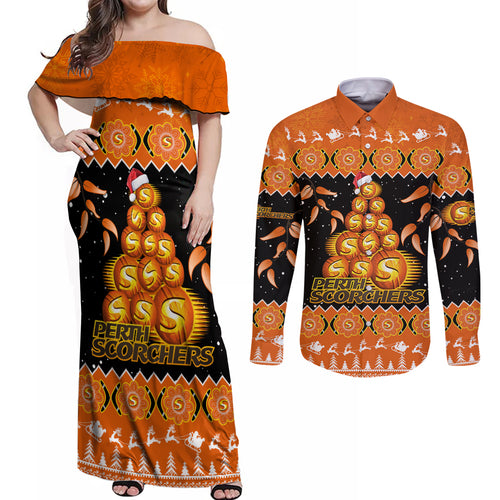 perth-scorchers-cricket-christmas-couples-matching-off-shoulder-maxi-dress-and-long-sleeve-button-shirt-merry-xmas-2023-indigenous-art