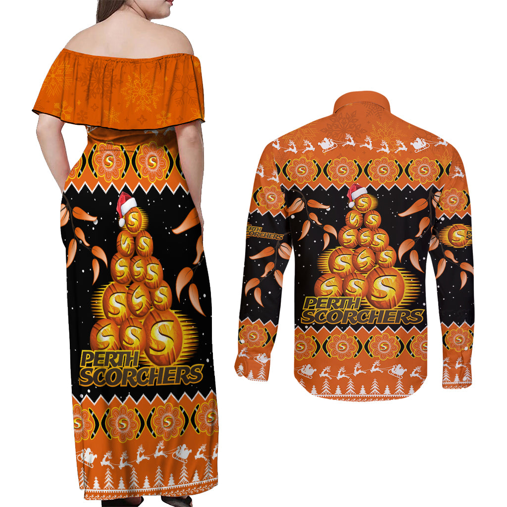perth-scorchers-cricket-christmas-couples-matching-off-shoulder-maxi-dress-and-long-sleeve-button-shirt-merry-xmas-2023-indigenous-art