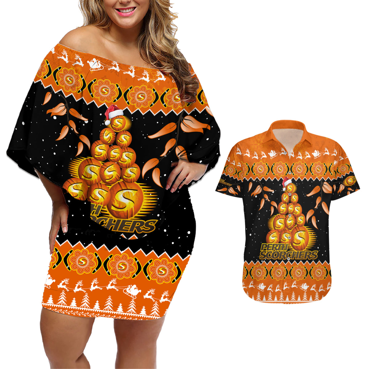 perth-scorchers-cricket-christmas-couples-matching-off-shoulder-short-dress-and-hawaiian-shirt-merry-xmas-2023-indigenous-art