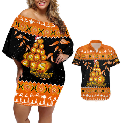 perth-scorchers-cricket-christmas-couples-matching-off-shoulder-short-dress-and-hawaiian-shirt-merry-xmas-2023-indigenous-art