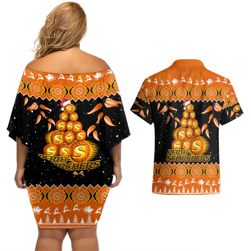 perth-scorchers-cricket-christmas-couples-matching-off-shoulder-short-dress-and-hawaiian-shirt-merry-xmas-2023-indigenous-art