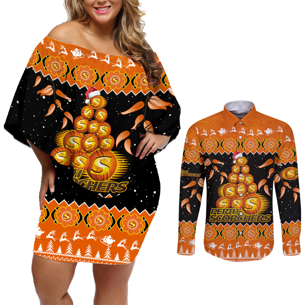 perth-scorchers-cricket-christmas-couples-matching-off-shoulder-short-dress-and-long-sleeve-button-shirt-merry-xmas-2023-indigenous-art