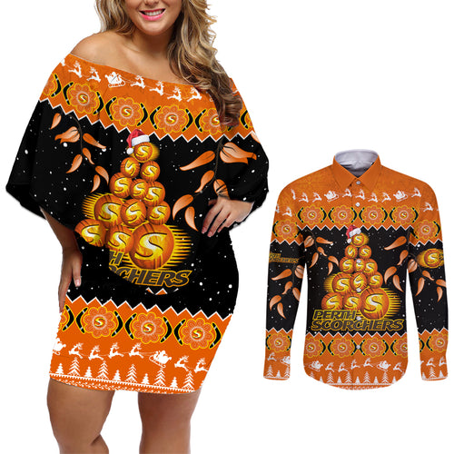 perth-scorchers-cricket-christmas-couples-matching-off-shoulder-short-dress-and-long-sleeve-button-shirt-merry-xmas-2023-indigenous-art