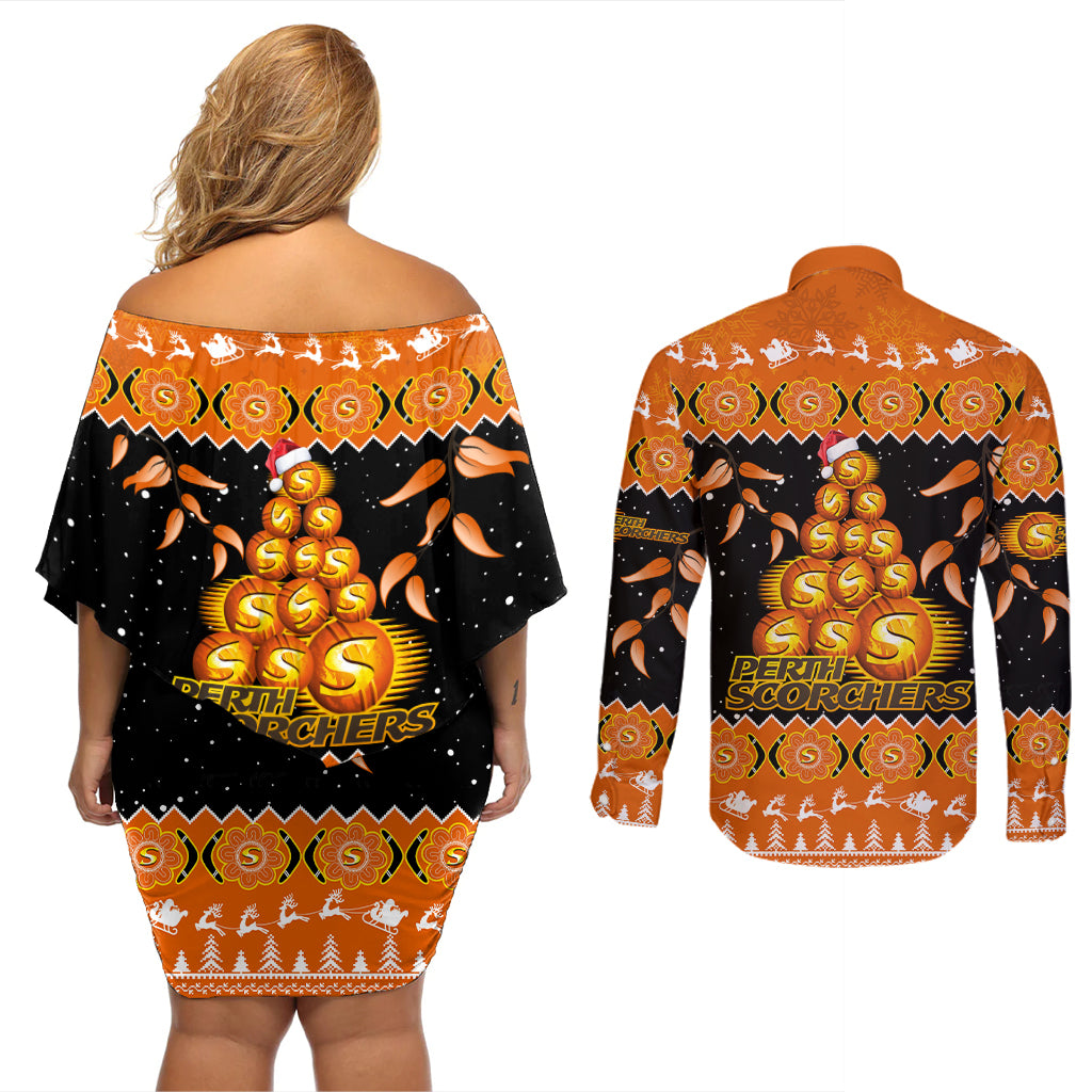 perth-scorchers-cricket-christmas-couples-matching-off-shoulder-short-dress-and-long-sleeve-button-shirt-merry-xmas-2023-indigenous-art