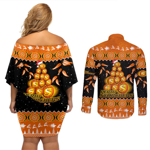 perth-scorchers-cricket-christmas-couples-matching-off-shoulder-short-dress-and-long-sleeve-button-shirt-merry-xmas-2023-indigenous-art