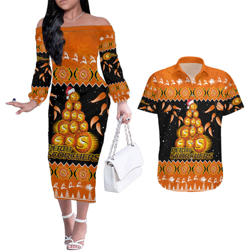 perth-scorchers-cricket-christmas-couples-matching-off-the-shoulder-long-sleeve-dress-and-hawaiian-shirt-merry-xmas-2023-indigenous-art