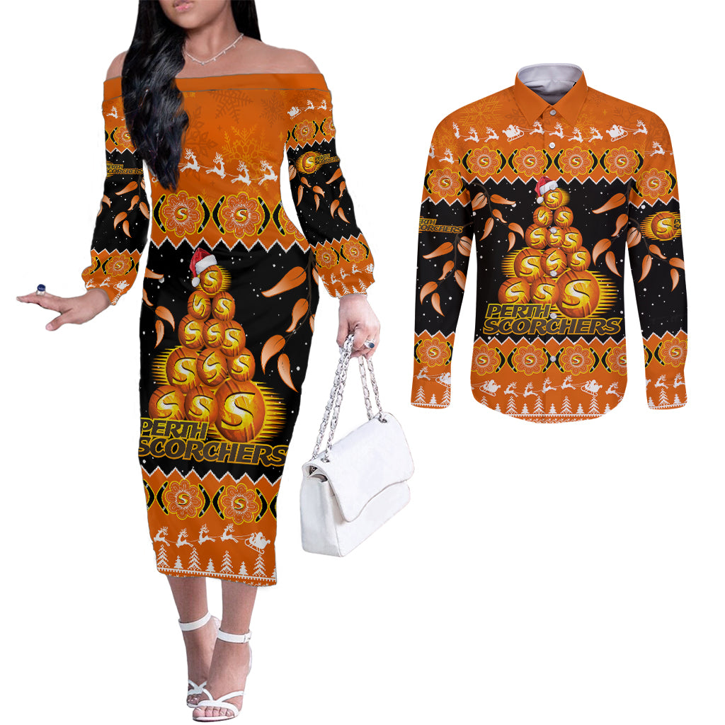 perth-scorchers-cricket-christmas-couples-matching-off-the-shoulder-long-sleeve-dress-and-long-sleeve-button-shirt-merry-xmas-2023-indigenous-art