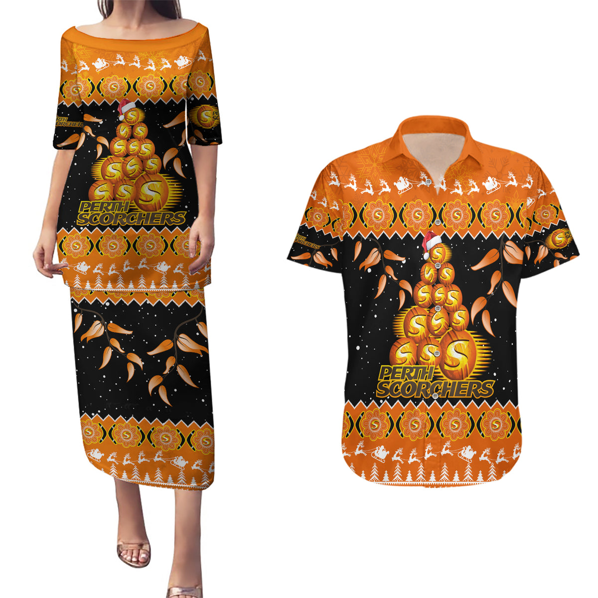 perth-scorchers-cricket-christmas-couples-matching-puletasi-dress-and-hawaiian-shirt-merry-xmas-2023-indigenous-art