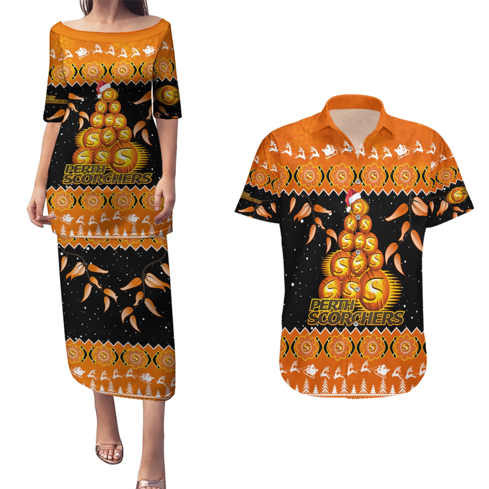 perth-scorchers-cricket-christmas-couples-matching-puletasi-dress-and-hawaiian-shirt-merry-xmas-2023-indigenous-art