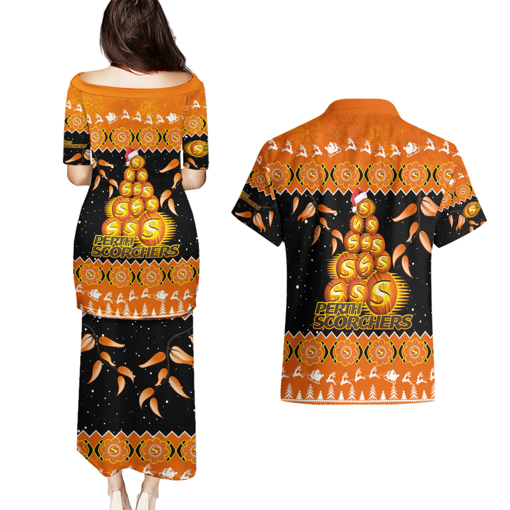 perth-scorchers-cricket-christmas-couples-matching-puletasi-dress-and-hawaiian-shirt-merry-xmas-2023-indigenous-art
