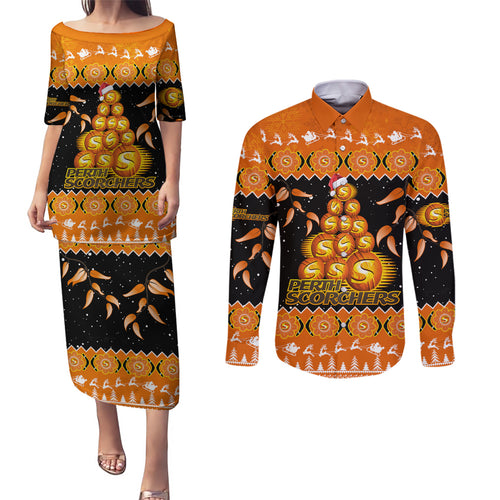 perth-scorchers-cricket-christmas-couples-matching-puletasi-dress-and-long-sleeve-button-shirt-merry-xmas-2023-indigenous-art