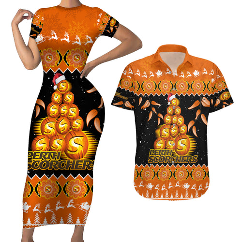 perth-scorchers-cricket-christmas-couples-matching-short-sleeve-bodycon-dress-and-hawaiian-shirt-merry-xmas-2023-indigenous-art