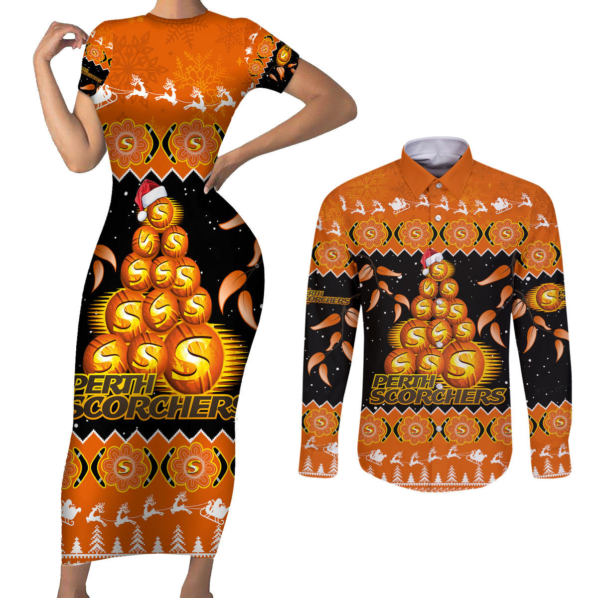 perth-scorchers-cricket-christmas-couples-matching-short-sleeve-bodycon-dress-and-long-sleeve-button-shirt-merry-xmas-2023-indigenous-art