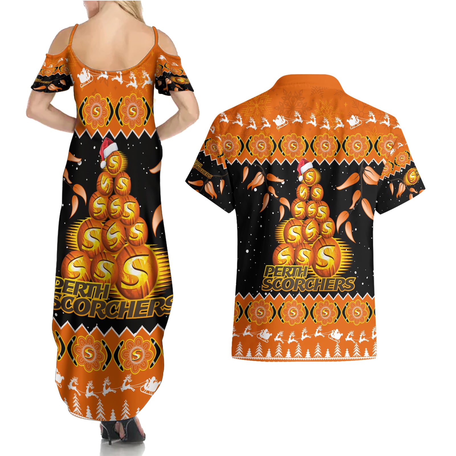 perth-scorchers-cricket-christmas-couples-matching-summer-maxi-dress-and-hawaiian-shirt-merry-xmas-2023-indigenous-art