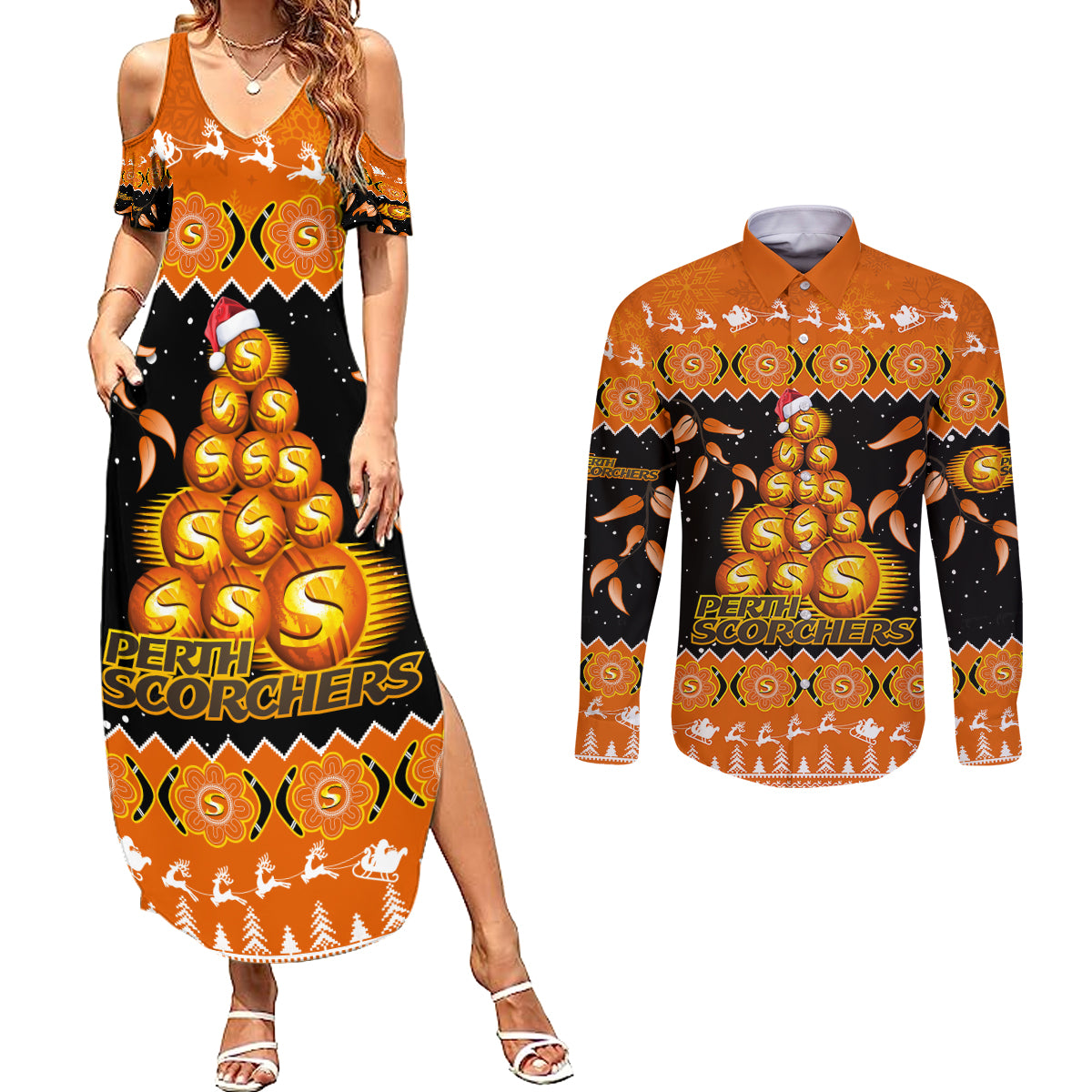 perth-scorchers-cricket-christmas-couples-matching-summer-maxi-dress-and-long-sleeve-button-shirt-merry-xmas-2023-indigenous-art