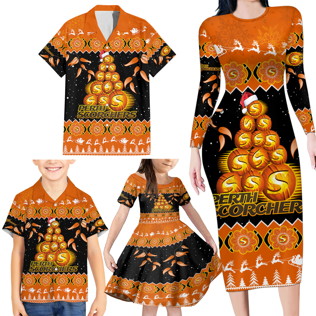 perth-scorchers-cricket-christmas-family-matching-long-sleeve-bodycon-dress-and-hawaiian-shirt-merry-xmas-2023-indigenous-art