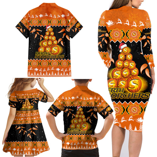 perth-scorchers-cricket-christmas-family-matching-long-sleeve-bodycon-dress-and-hawaiian-shirt-merry-xmas-2023-indigenous-art