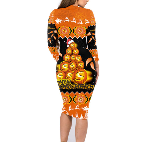 perth-scorchers-cricket-christmas-family-matching-long-sleeve-bodycon-dress-and-hawaiian-shirt-merry-xmas-2023-indigenous-art
