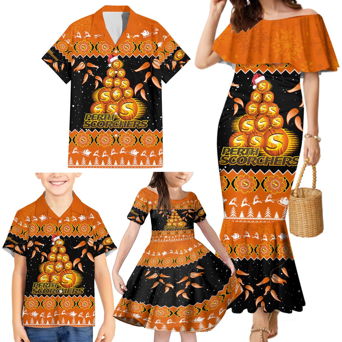perth-scorchers-cricket-christmas-family-matching-mermaid-dress-and-hawaiian-shirt-merry-xmas-2023-indigenous-art