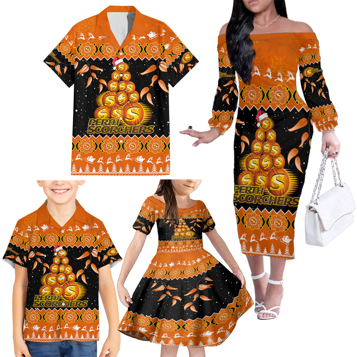 perth-scorchers-cricket-christmas-family-matching-off-shoulder-long-sleeve-dress-and-hawaiian-shirt-merry-xmas-2023-indigenous-art