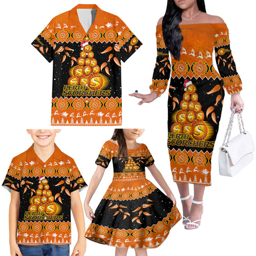 perth-scorchers-cricket-christmas-family-matching-off-shoulder-long-sleeve-dress-and-hawaiian-shirt-merry-xmas-2023-indigenous-art