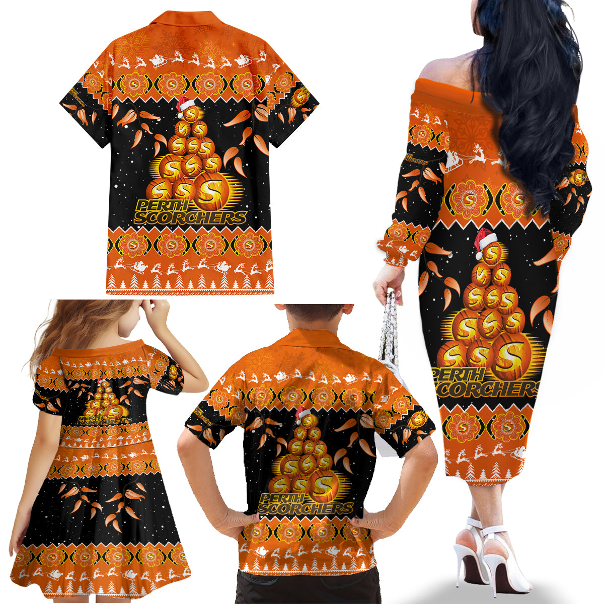perth-scorchers-cricket-christmas-family-matching-off-shoulder-long-sleeve-dress-and-hawaiian-shirt-merry-xmas-2023-indigenous-art