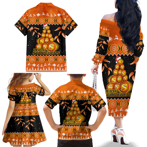 perth-scorchers-cricket-christmas-family-matching-off-shoulder-long-sleeve-dress-and-hawaiian-shirt-merry-xmas-2023-indigenous-art