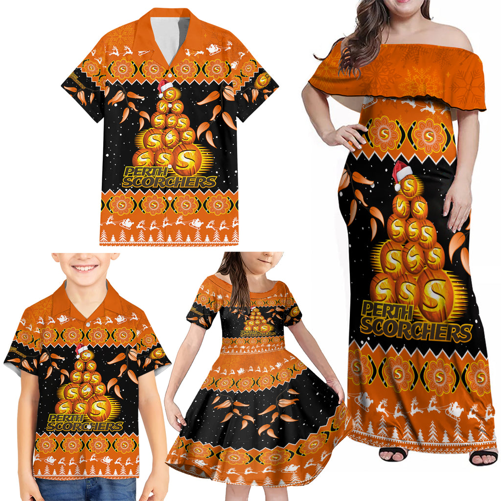 perth-scorchers-cricket-christmas-family-matching-off-shoulder-maxi-dress-and-hawaiian-shirt-merry-xmas-2023-indigenous-art