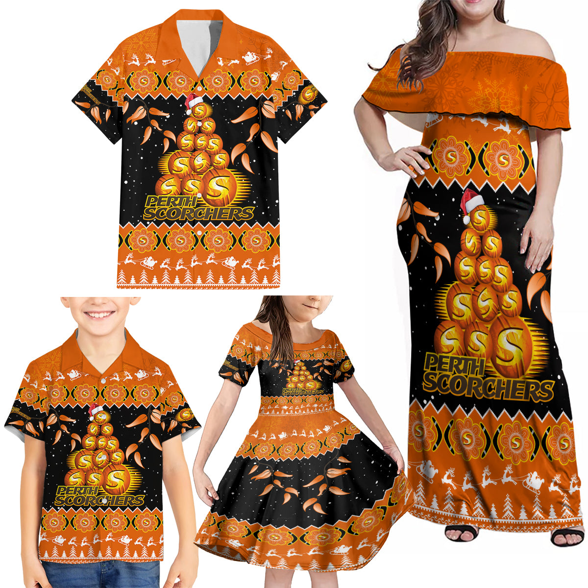 perth-scorchers-cricket-christmas-family-matching-off-shoulder-maxi-dress-and-hawaiian-shirt-merry-xmas-2023-indigenous-art