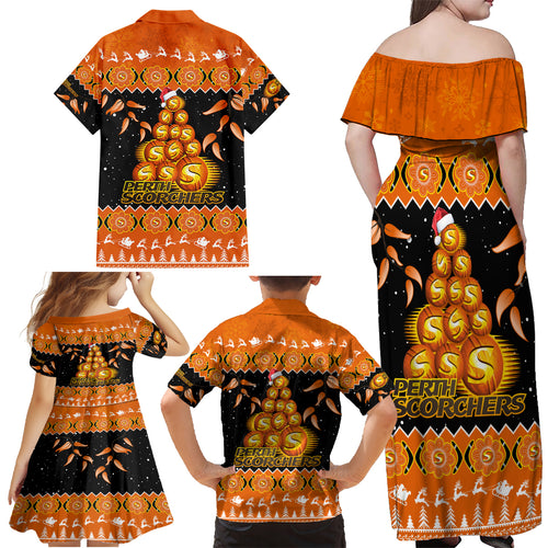 perth-scorchers-cricket-christmas-family-matching-off-shoulder-maxi-dress-and-hawaiian-shirt-merry-xmas-2023-indigenous-art