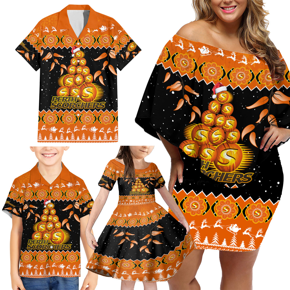 perth-scorchers-cricket-christmas-family-matching-off-shoulder-short-dress-and-hawaiian-shirt-merry-xmas-2023-indigenous-art