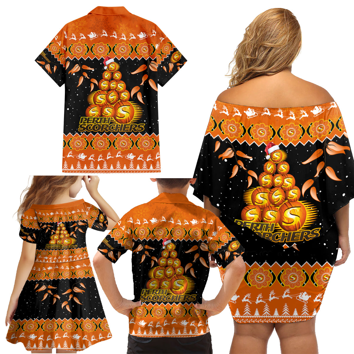 perth-scorchers-cricket-christmas-family-matching-off-shoulder-short-dress-and-hawaiian-shirt-merry-xmas-2023-indigenous-art