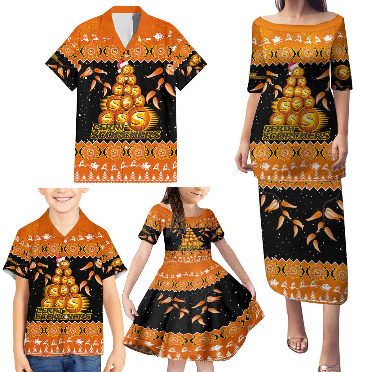 perth-scorchers-cricket-christmas-family-matching-puletasi-dress-and-hawaiian-shirt-merry-xmas-2023-indigenous-art