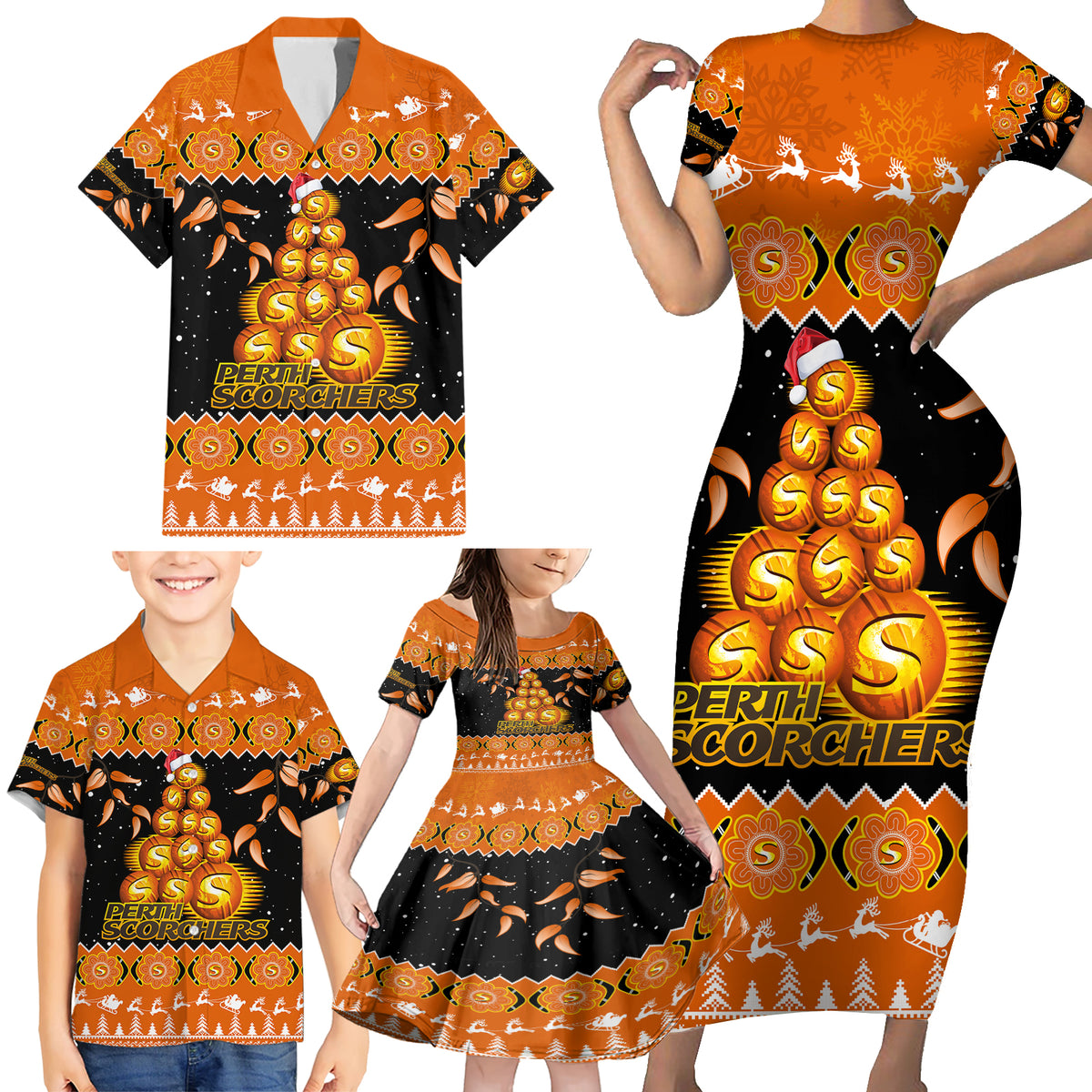 perth-scorchers-cricket-christmas-family-matching-short-sleeve-bodycon-dress-and-hawaiian-shirt-merry-xmas-2023-indigenous-art