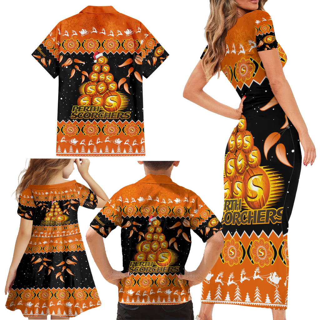 perth-scorchers-cricket-christmas-family-matching-short-sleeve-bodycon-dress-and-hawaiian-shirt-merry-xmas-2023-indigenous-art