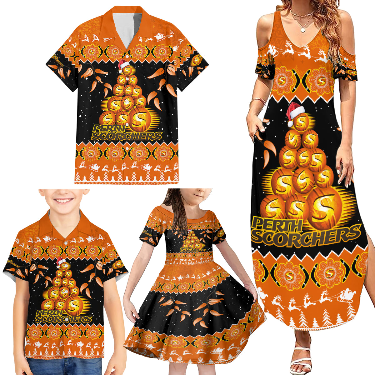 perth-scorchers-cricket-christmas-family-matching-summer-maxi-dress-and-hawaiian-shirt-merry-xmas-2023-indigenous-art