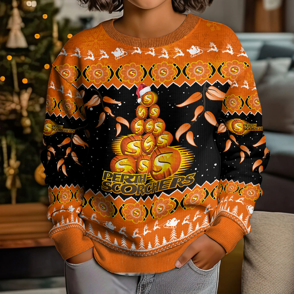 perth-scorchers-cricket-christmas-kid-ugly-christmas-sweater-merry-xmas-2023-indigenous-art