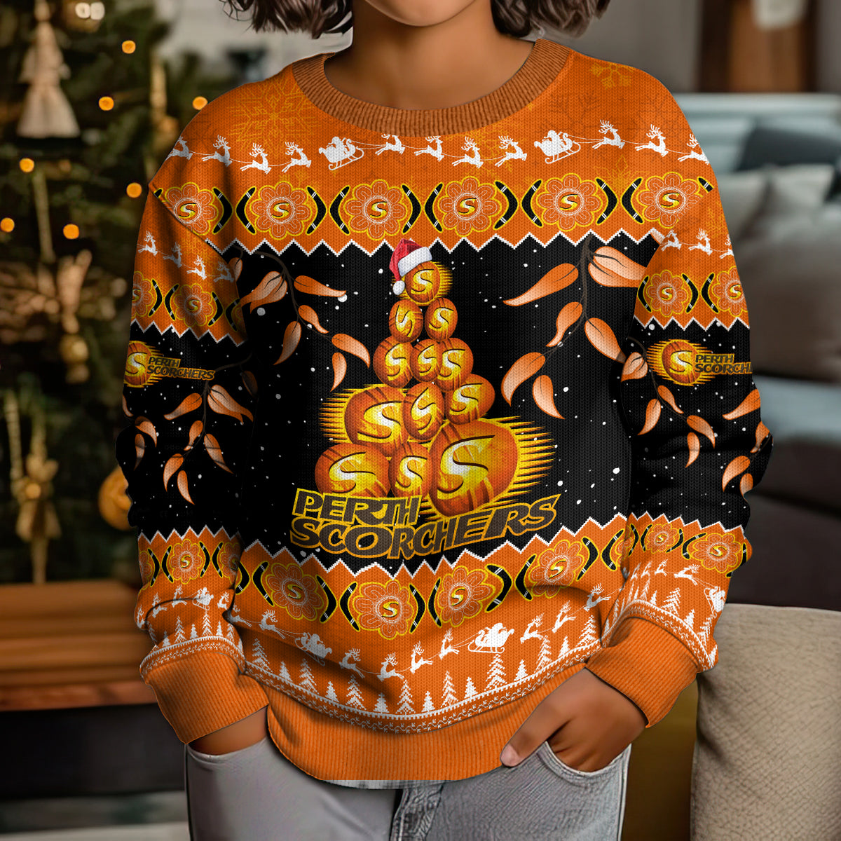 perth-scorchers-cricket-christmas-kid-ugly-christmas-sweater-merry-xmas-2023-indigenous-art