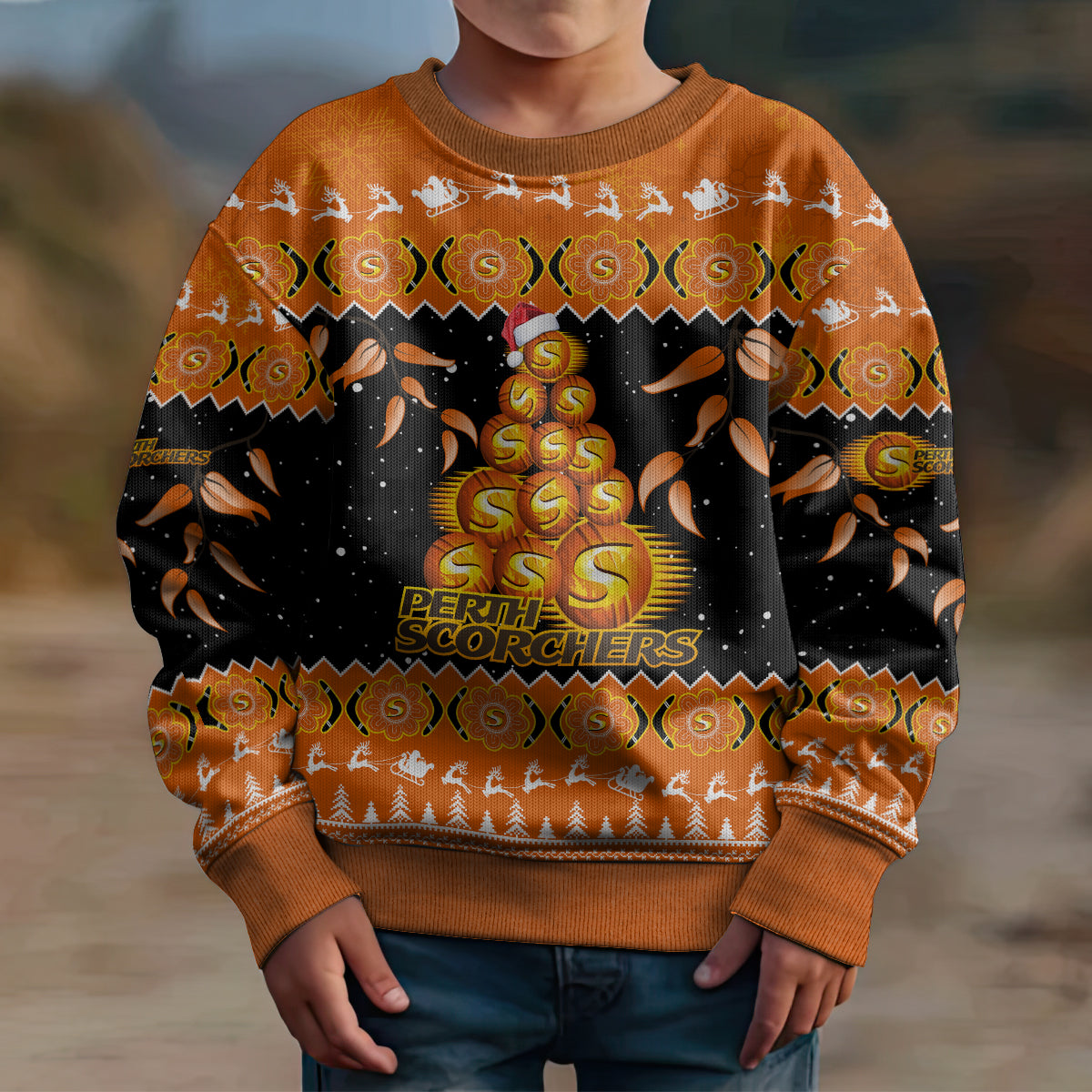 perth-scorchers-cricket-christmas-kid-ugly-christmas-sweater-merry-xmas-2023-indigenous-art