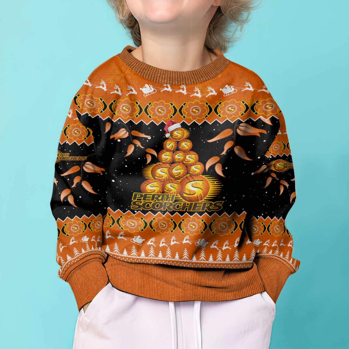 perth-scorchers-cricket-christmas-kid-ugly-christmas-sweater-merry-xmas-2023-indigenous-art