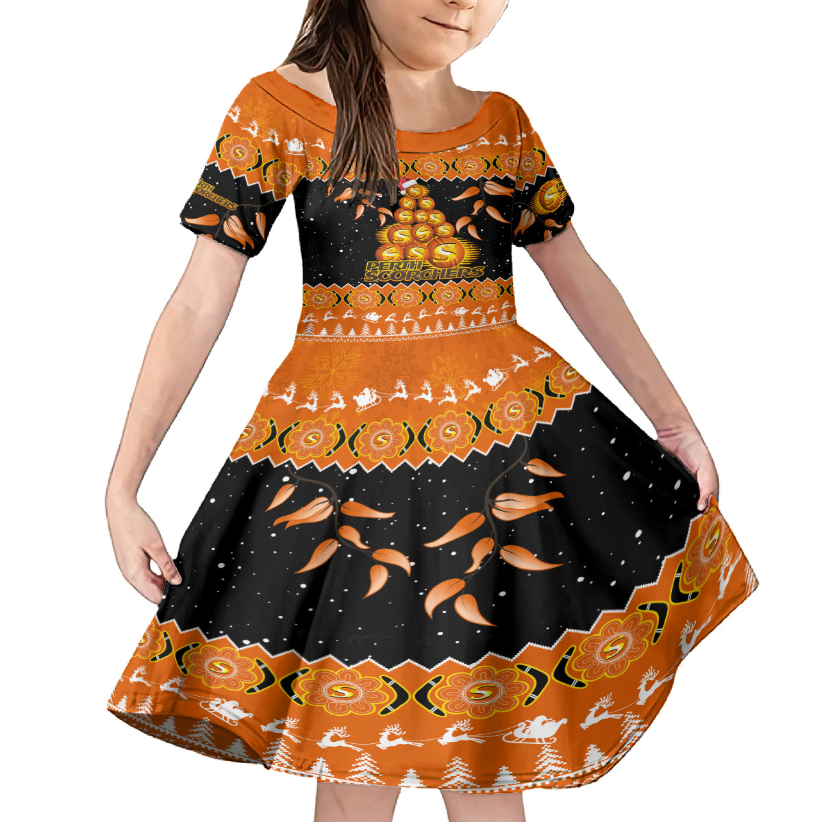 perth-scorchers-cricket-christmas-kid-short-sleeve-dress-merry-xmas-2023-indigenous-art