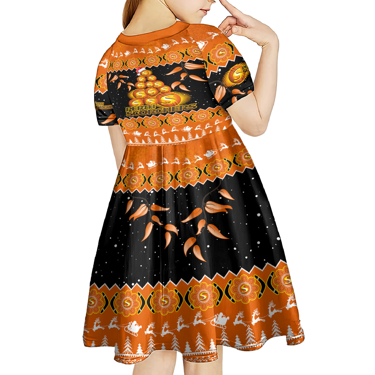 perth-scorchers-cricket-christmas-kid-short-sleeve-dress-merry-xmas-2023-indigenous-art