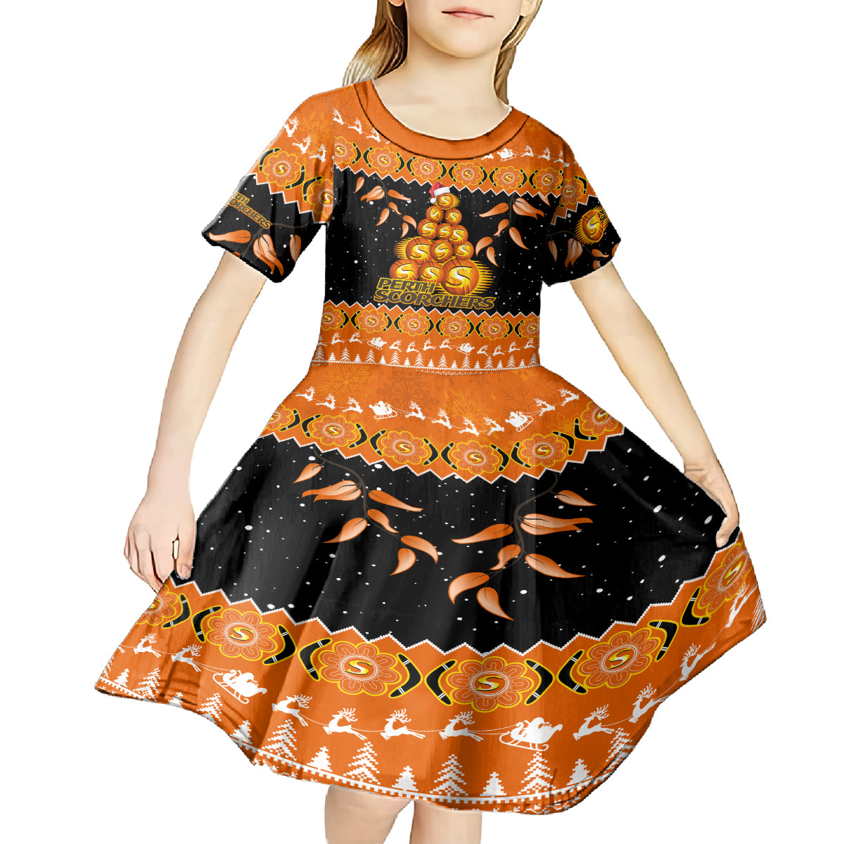 perth-scorchers-cricket-christmas-kid-short-sleeve-dress-merry-xmas-2023-indigenous-art
