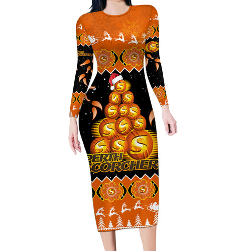 perth-scorchers-cricket-christmas-long-sleeve-bodycon-dress-merry-xmas-2023-indigenous-art